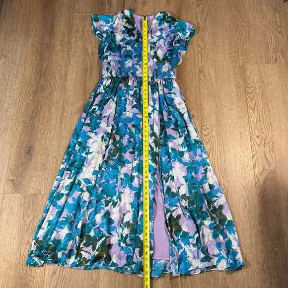 Taylor Blue Floral Jacquard Maxi Dress Size 12 Flutter Sleeve V-Neck - Picture 5 of 9